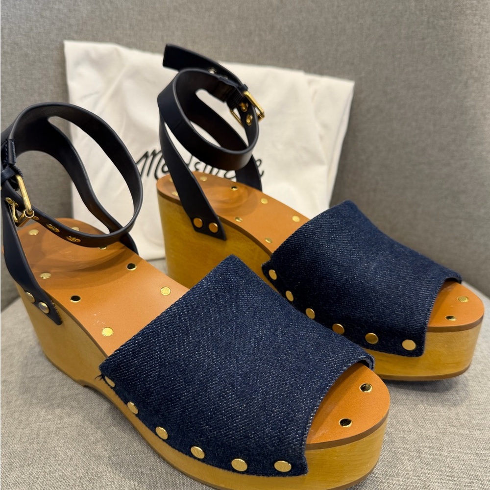 Madewell Navy Denim Platform Clog Sandals with Black Ankle Strap